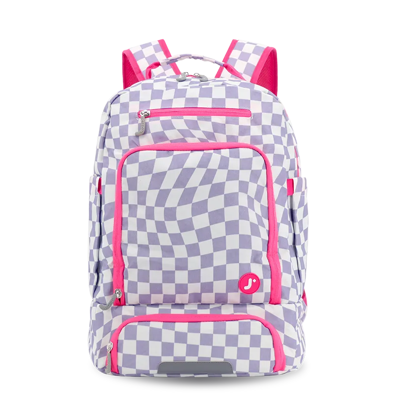 Packmate 2 in 1 Backpack With Built-in Lunch Bag in Lavender Checkers - JWorldstore