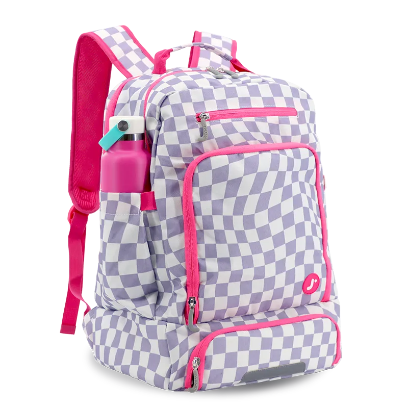 Packmate 2 in 1 Backpack With Built-in Lunch Bag in Lavender Checkers - JWorldstore
