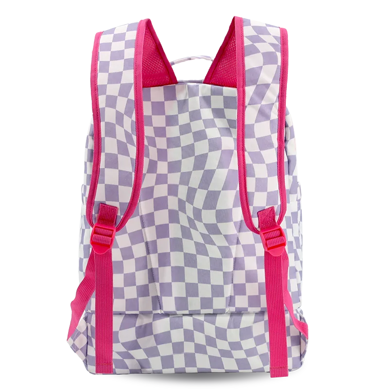 Packmate 2 in 1 Backpack With Built-in Lunch Bag in Lavender Checkers - JWorldstore