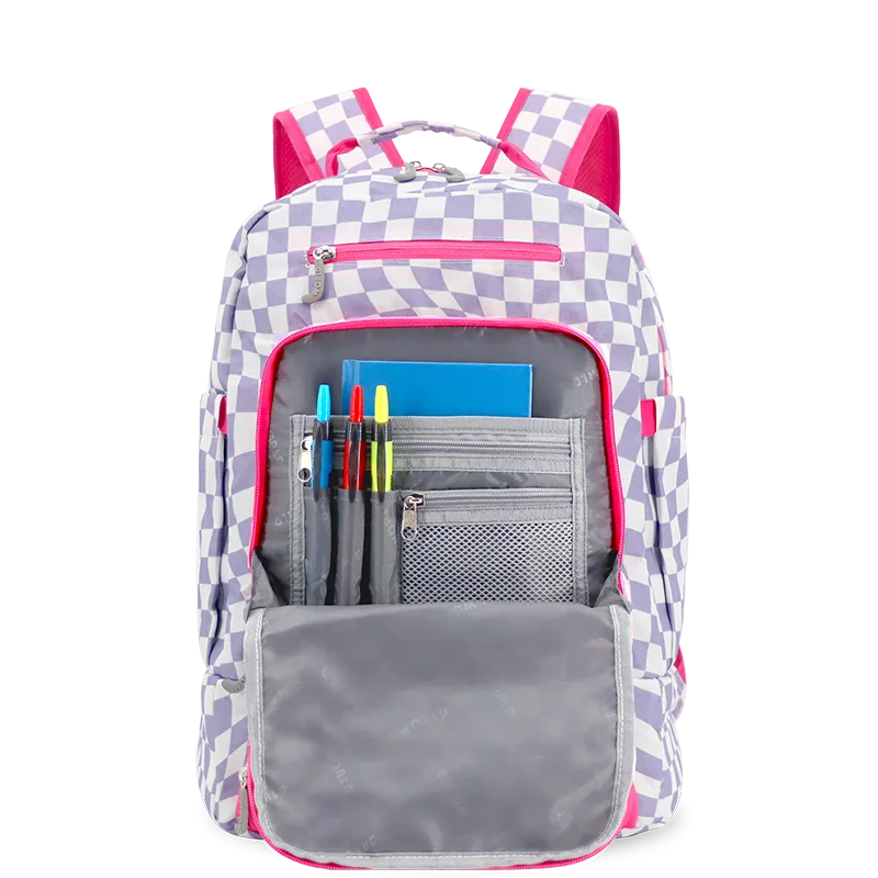 Packmate 2 in 1 Backpack With Built-in Lunch Bag in Lavender Checkers - JWorldstore
