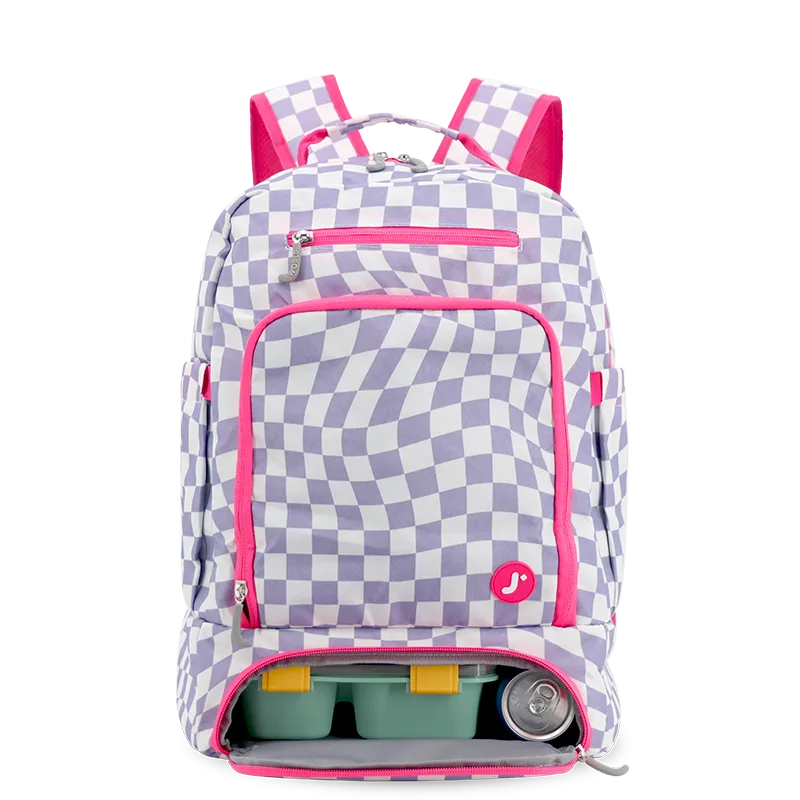 Packmate 2 in 1 Backpack With Built-in Lunch Bag in Lavender Checkers - JWorldstore