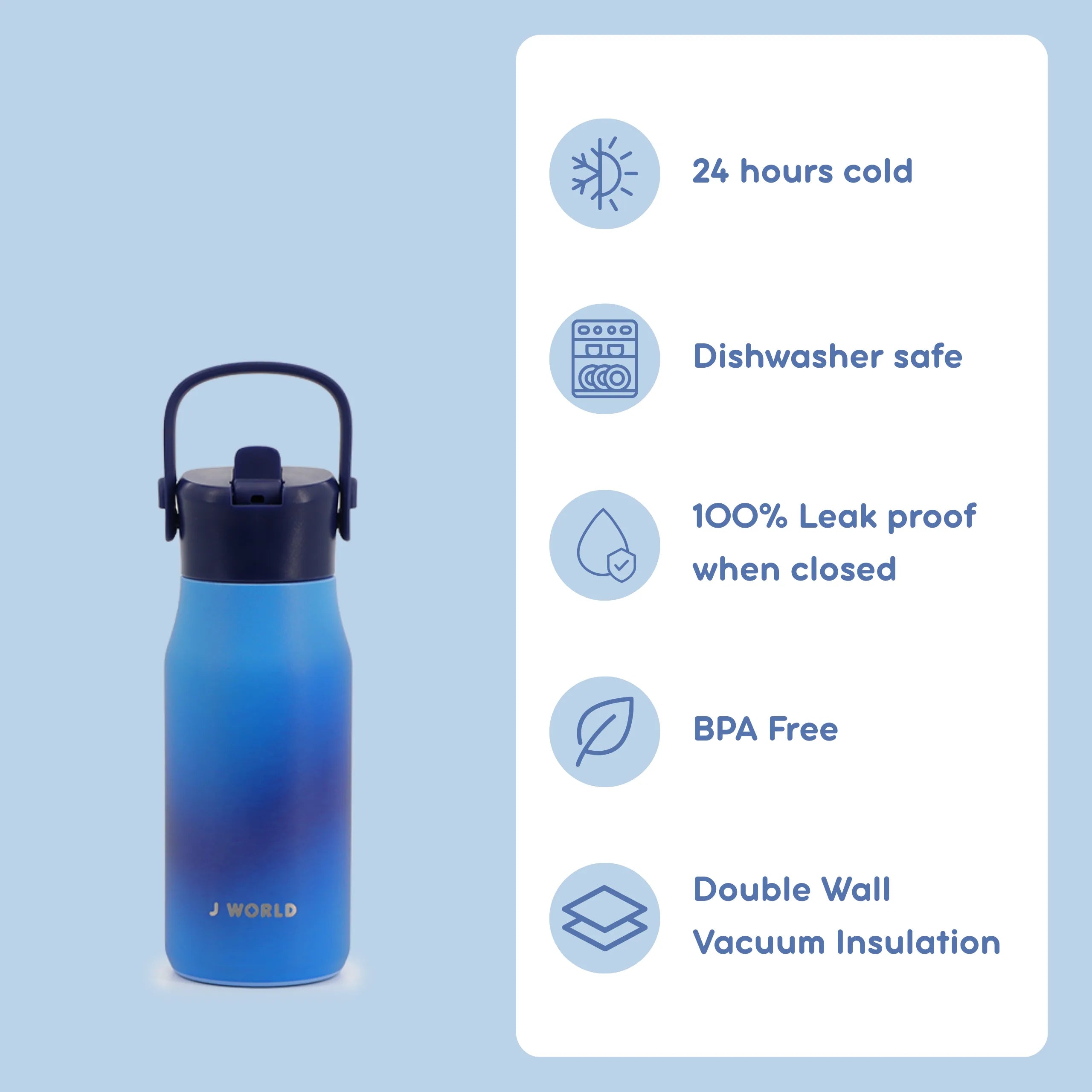 J WORLD Flowee 14oz insulated water bottle in blue gradient with a sleek design and secure lid for cold beverages
