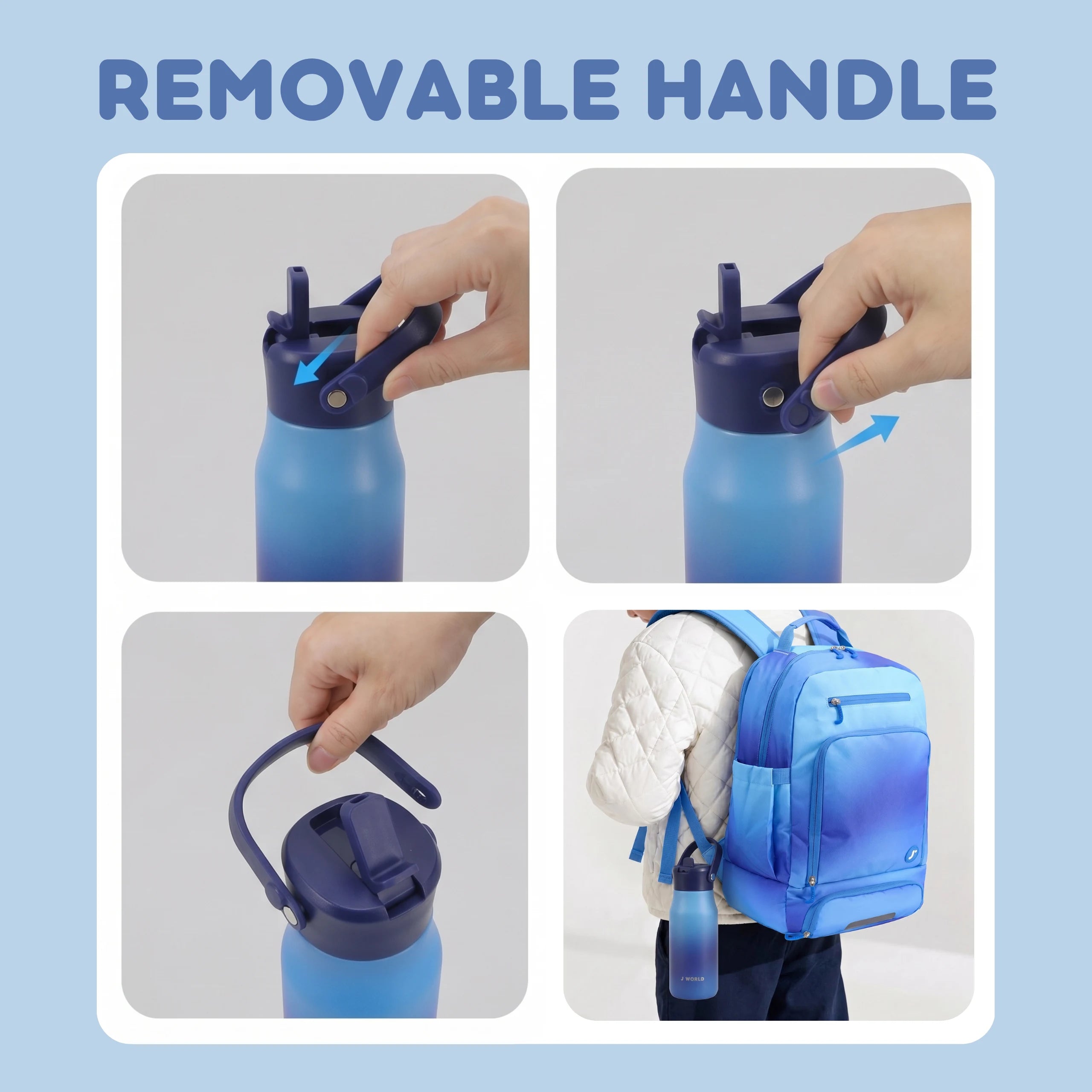 J WORLD Flowee 14oz insulated water bottle in blue gradient with a sleek design and secure lid for cold beverages