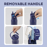 A product feature collage showing a reusable bottle with a removable handle. The top text reads 'REMOVABLE HANDLE.