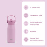 A pink insulated water bottle with a carry loop and flip spout lid, shown next to a white panel listing product features: 24 hours cold, dishwasher safe, 100% leak proof when closed, BPA Free, and double wall vacuum insulation.