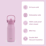 A pink insulated water bottle with a carry loop and flip spout lid, shown next to a white panel listing product features: 24 hours cold, dishwasher safe, 100% leak proof when closed, BPA Free, and double wall vacuum insulation.