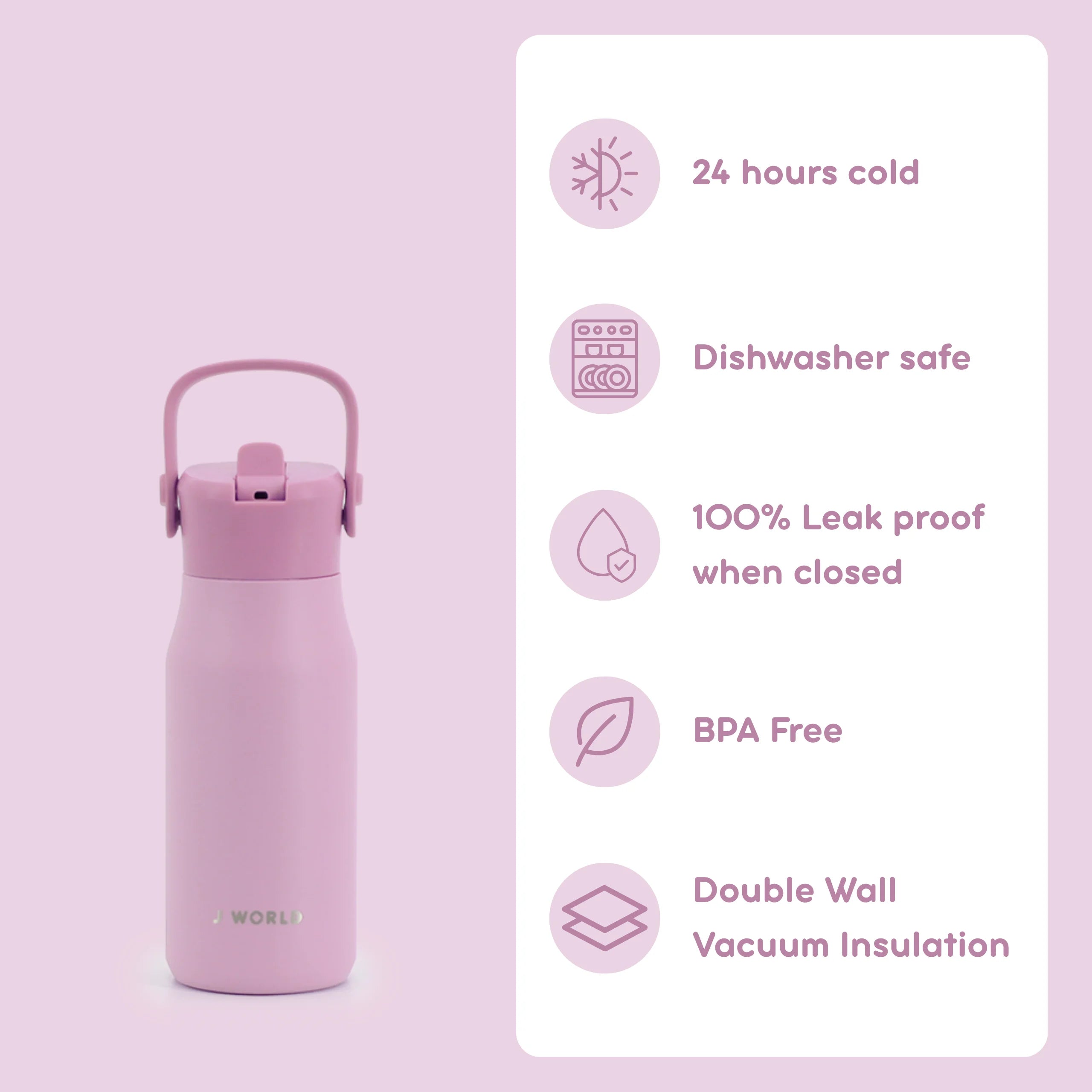 A pink insulated water bottle with a carry loop and flip spout lid, shown next to a white panel listing product features: 24 hours cold, dishwasher safe, 100% leak proof when closed, BPA Free, and double wall vacuum insulation.
