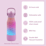 A pink insulated water bottle with a colorful sprinkle pattern and a purple lid, shown on a light pink background with feature callouts on the right.