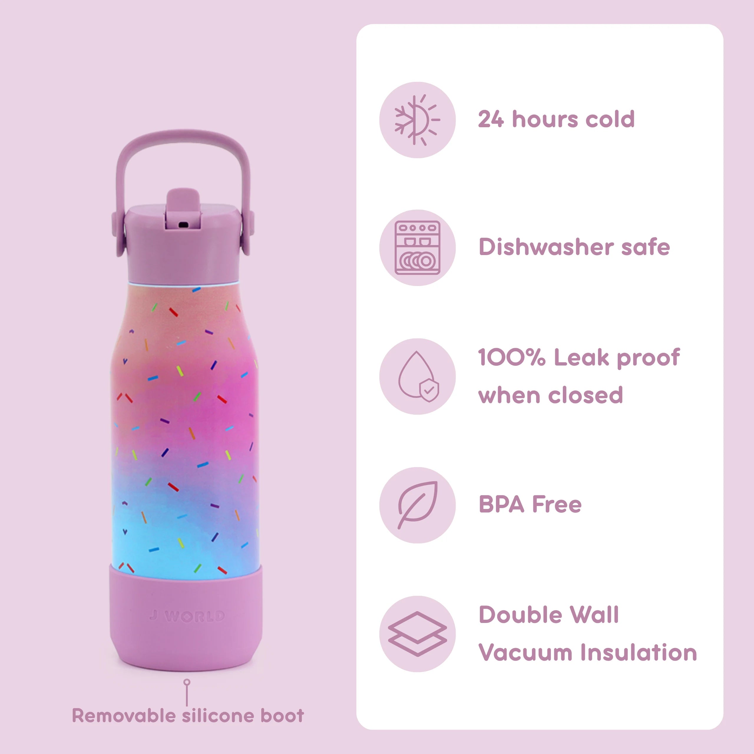 A pink insulated water bottle with a colorful sprinkle pattern and a purple lid, shown on a light pink background with feature callouts on the right.