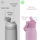 Comparison graphic showing two insulated water bottles with flip-top straws. The left bottle has a gray body and lid, labeled with callouts for 'Hinder vision', 'Extra-thick nozzle', and '90° angle design'.