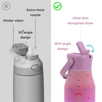 Comparison graphic showing two water bottle lid designs: a gray bottle with labeled drawbacks on the left ('Hinder vision', 'Extra-thick nozzle', '90° angle design') and a pink bottle with labeled benefits on the right ('Ultra-thin elongated straw', '120° angle design').