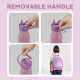 Collage showing a pink water bottle with a removable handle, being attached and used on a child's backpack.