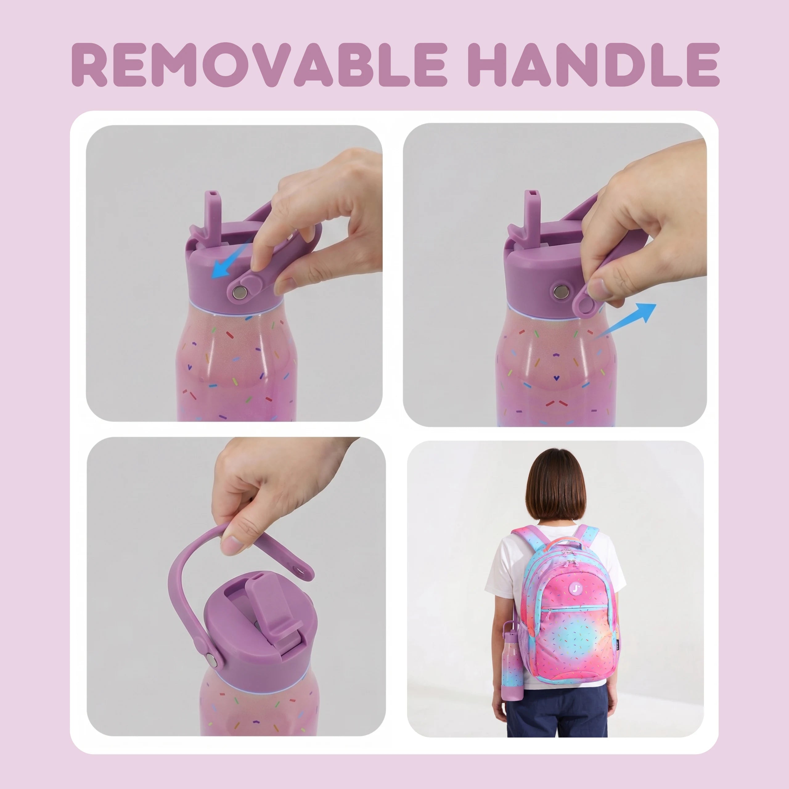 Collage showing a pink water bottle with a removable handle, being attached and used on a child's backpack.