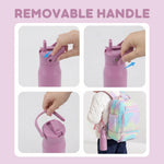 Collage showing a pink water bottle with a removable handle, being attached to a backpack.