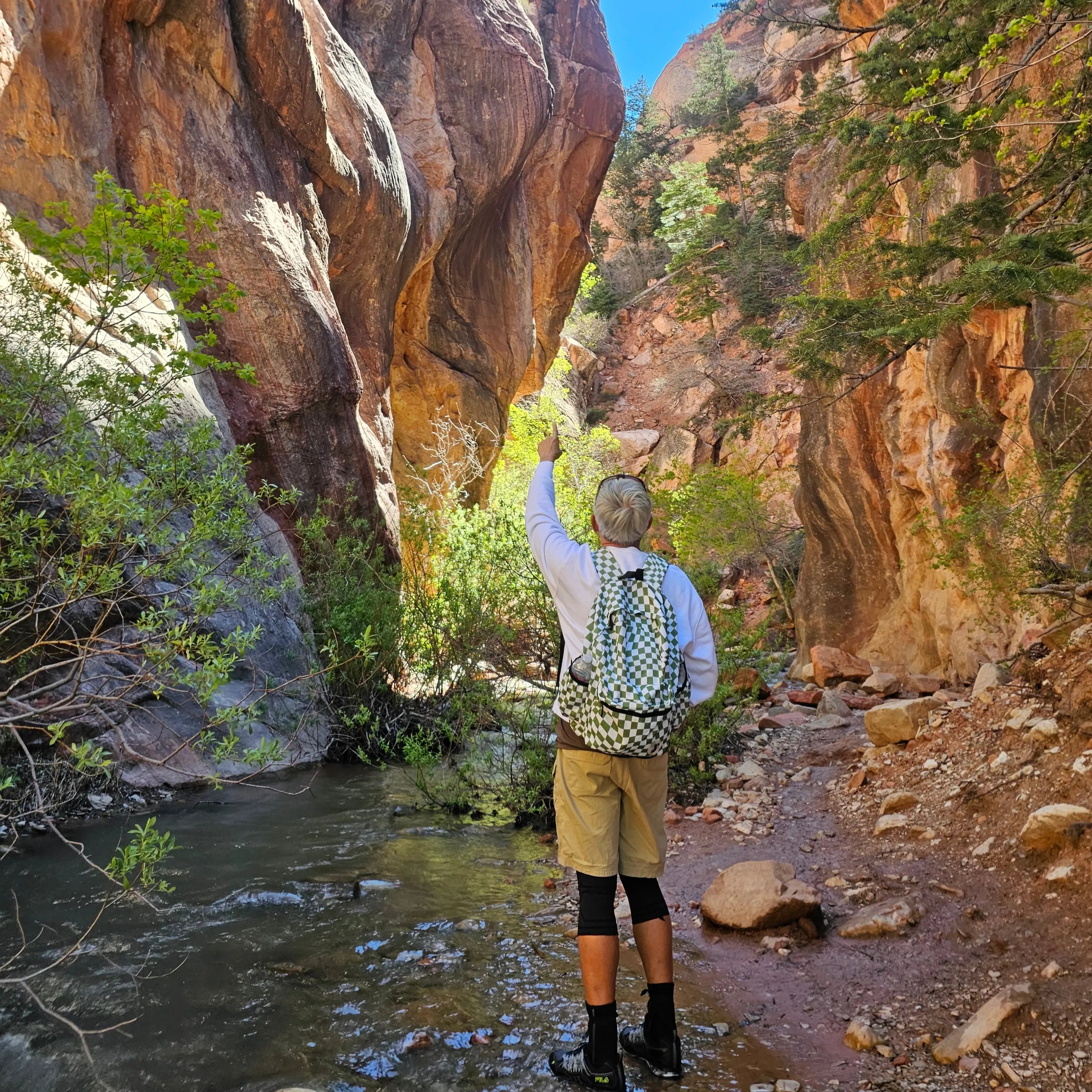 A person standing in a rocky canyon beside a stream, wearing a white long-sleeve shirt, tan shorts, black socks, and a patterned backpack, with one arm raised toward the canyon walls.