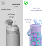 J WORLD Flowee 14oz insulated water bottle with puffy flower design, stainless steel body, and leak-proof lid.
