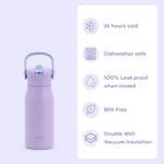 J WORLD Flowee 14oz purple insulated water bottle with screw lid and ergonomic design for keeping drinks cold or hot.