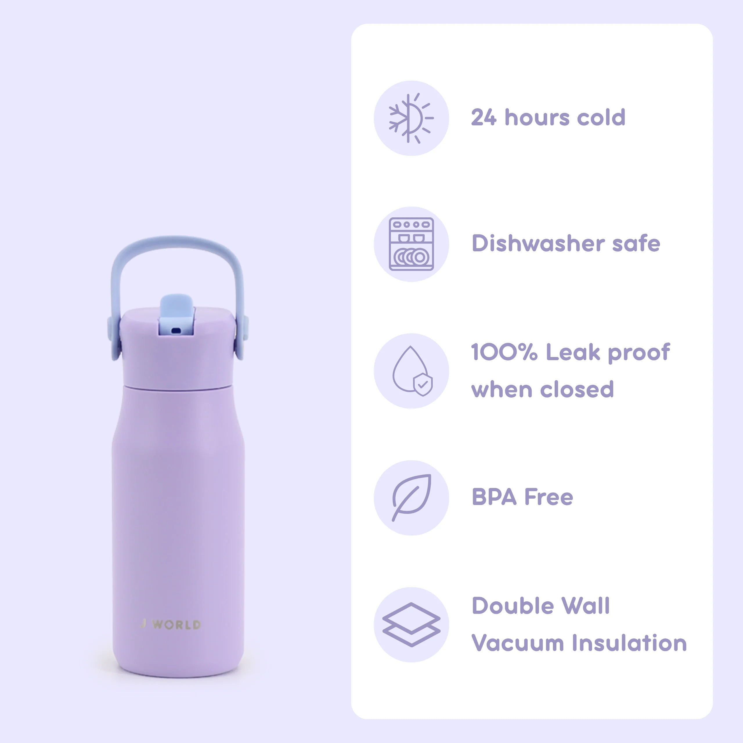 J WORLD Flowee 14oz purple insulated water bottle with screw lid and ergonomic design for keeping drinks cold or hot.