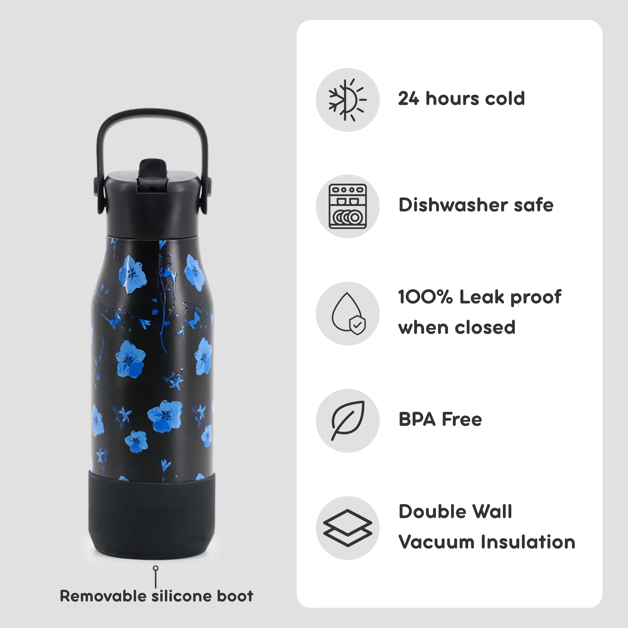 A black insulated water bottle with a blue floral pattern, shown next to a white information panel listing features such as 24 hours cold retention, dishwasher safety, leak proof closure, BPA free, and double wall vacuum insulation. The bottle has a black handle lid and a removable silicone boot labeled at the bottom.