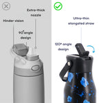 Comparison graphic showing two water bottle lid designs: a gray bottle with an extra-thick nozzle and 90-degree angle design on the left, and a black bottle with blue floral pattern and an ultra-thin elongated straw and 120-degree angle design on the right. Text labels explain the features, with a green check mark on the right.
