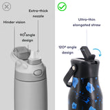 Comparison graphic showing two water bottle lid designs: a gray bottle with an extra-thick nozzle and 90-degree angle design on the left, and a black bottle with blue floral pattern and an ultra-thin elongated straw and 120-degree angle design on the right. Text labels explain the features, with a green check mark on the right.