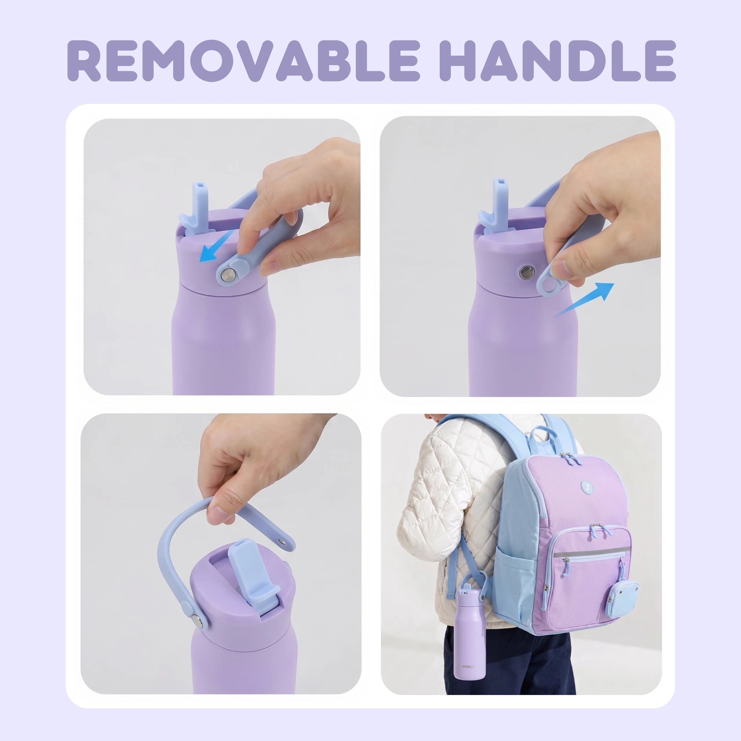 J WORLD Flowee 14oz insulated water bottle in purple with a sleek design and secure lid for keeping drinks cold or hot.