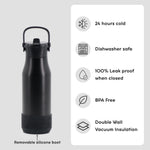 A matte black vacuum-insulated water bottle with a handle and removable silicone boot, shown next to a white feature list on a light gray background. The text highlights 24-hour cold retention, dishwasher safety, leak-proof closure, BPA-free material, and double-wall vacuum insulation.