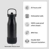 A matte black vacuum-insulated water bottle with a handle and removable silicone boot, shown next to a white feature list on a light gray background. The text highlights 24-hour cold retention, dishwasher safety, leak-proof closure, BPA-free material, and double-wall vacuum insulation.