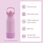 A pink insulated water bottle with a matching pink lid and handle, shown on a light pink background with feature callouts on the right. The bottle has a removable silicone boot at the base, and the text lists benefits including 24 hours cold retention, dishwasher safety, leak proof closure, BPA free, and double wall vacuum insulation.