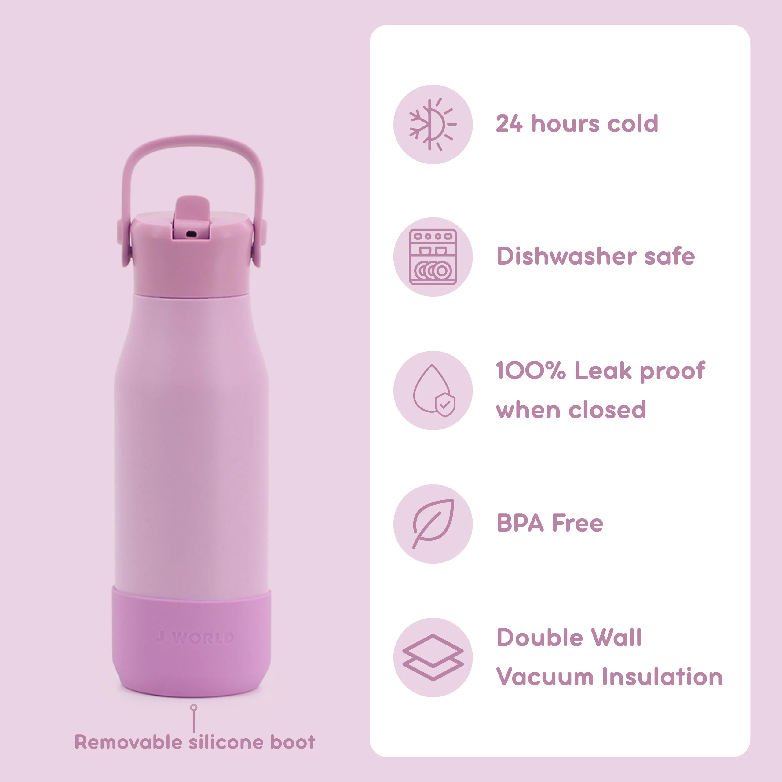 A pink insulated water bottle with a matching pink lid and handle, shown on a light pink background with feature callouts on the right. The bottle has a removable silicone boot at the base, and the text lists benefits including 24 hours cold retention, dishwasher safety, leak proof closure, BPA free, and double wall vacuum insulation.