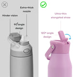 Comparison graphic showing two insulated water bottles with labeled features: the left bottle has an extra-thick nozzle and 90-degree angle design, while the right bottle shows a thinner elongated straw with a 120-degree angle design. The left bottle is gray and the right bottle is pink, on a split light gray and white background.