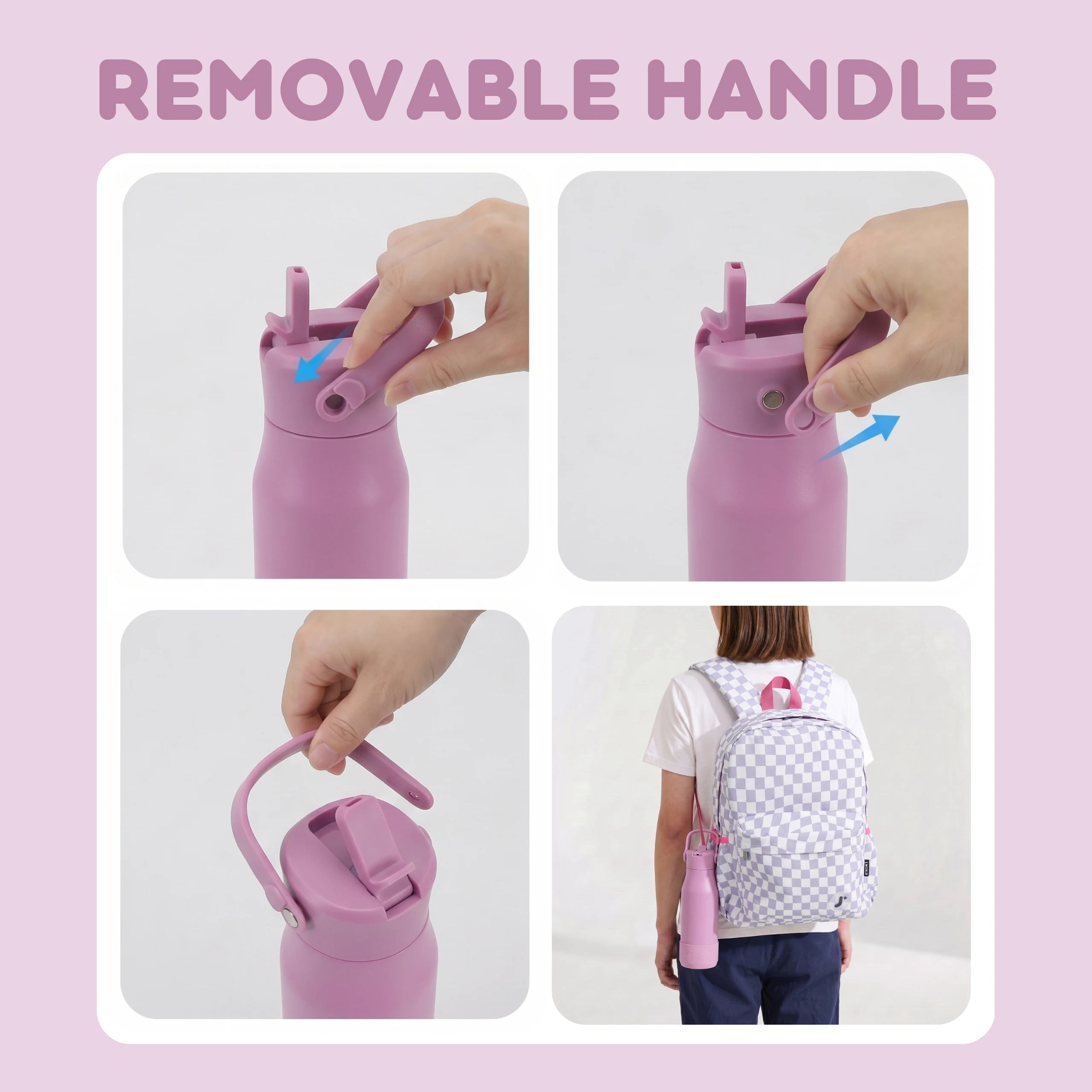 Pink water bottle with a removable handle, shown being attached and used on a backpack.