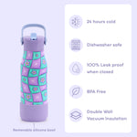 A purple insulated water bottle with a floral checkered pattern on the body, shown next to a white information panel with feature callouts including 24 hours cold, dishwasher safe, leak proof, BPA free, and double wall vacuum insulation.