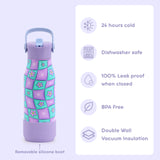A purple insulated water bottle with a floral checkered pattern on the body, shown next to a white information panel with feature callouts including 24 hours cold, dishwasher safe, leak proof, BPA free, and double wall vacuum insulation.