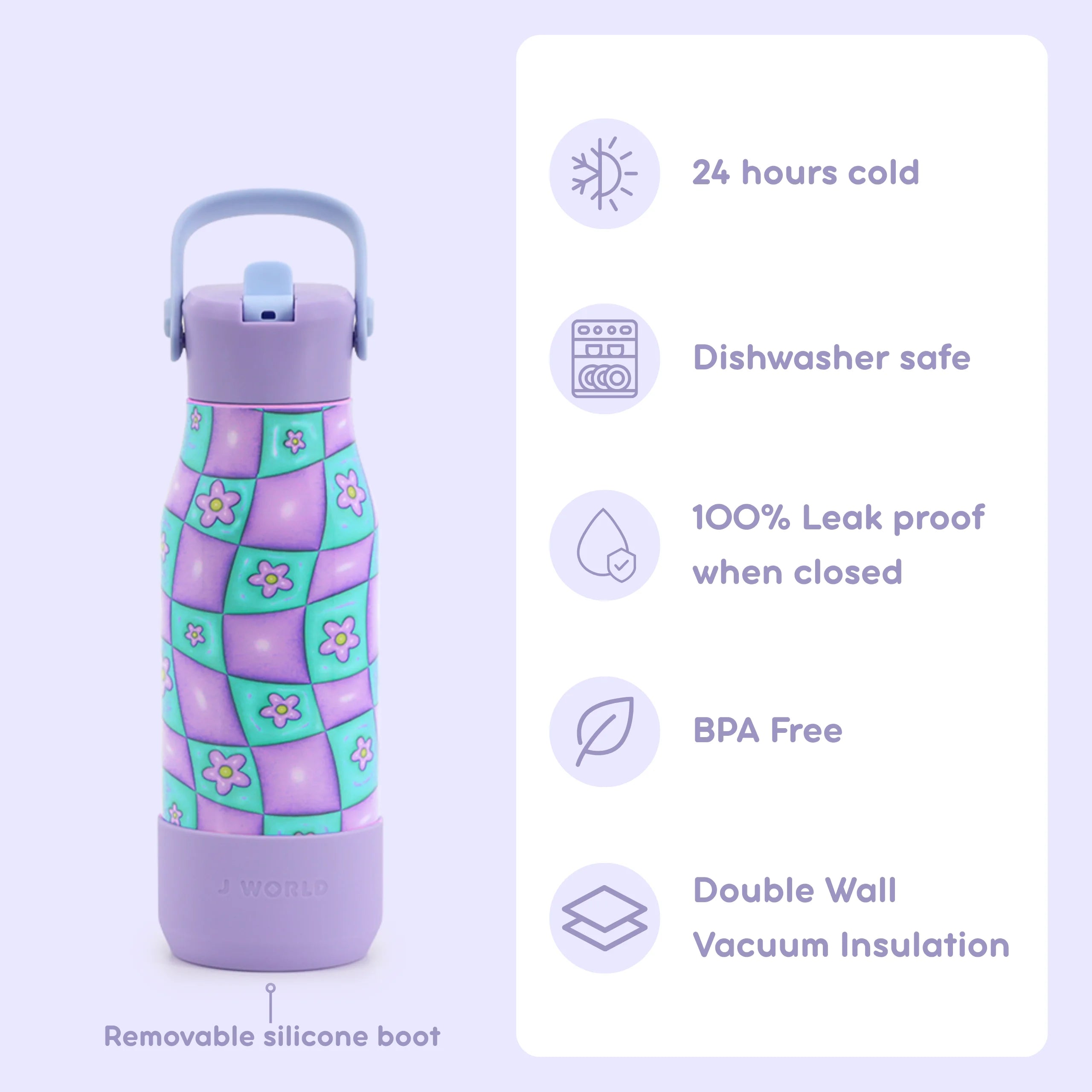 A purple insulated water bottle with a floral checkered pattern on the body, shown next to a white information panel with feature callouts including 24 hours cold, dishwasher safe, leak proof, BPA free, and double wall vacuum insulation.