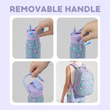 Collage showing a purple water bottle with a removable handle, being attached and used as a backpack.