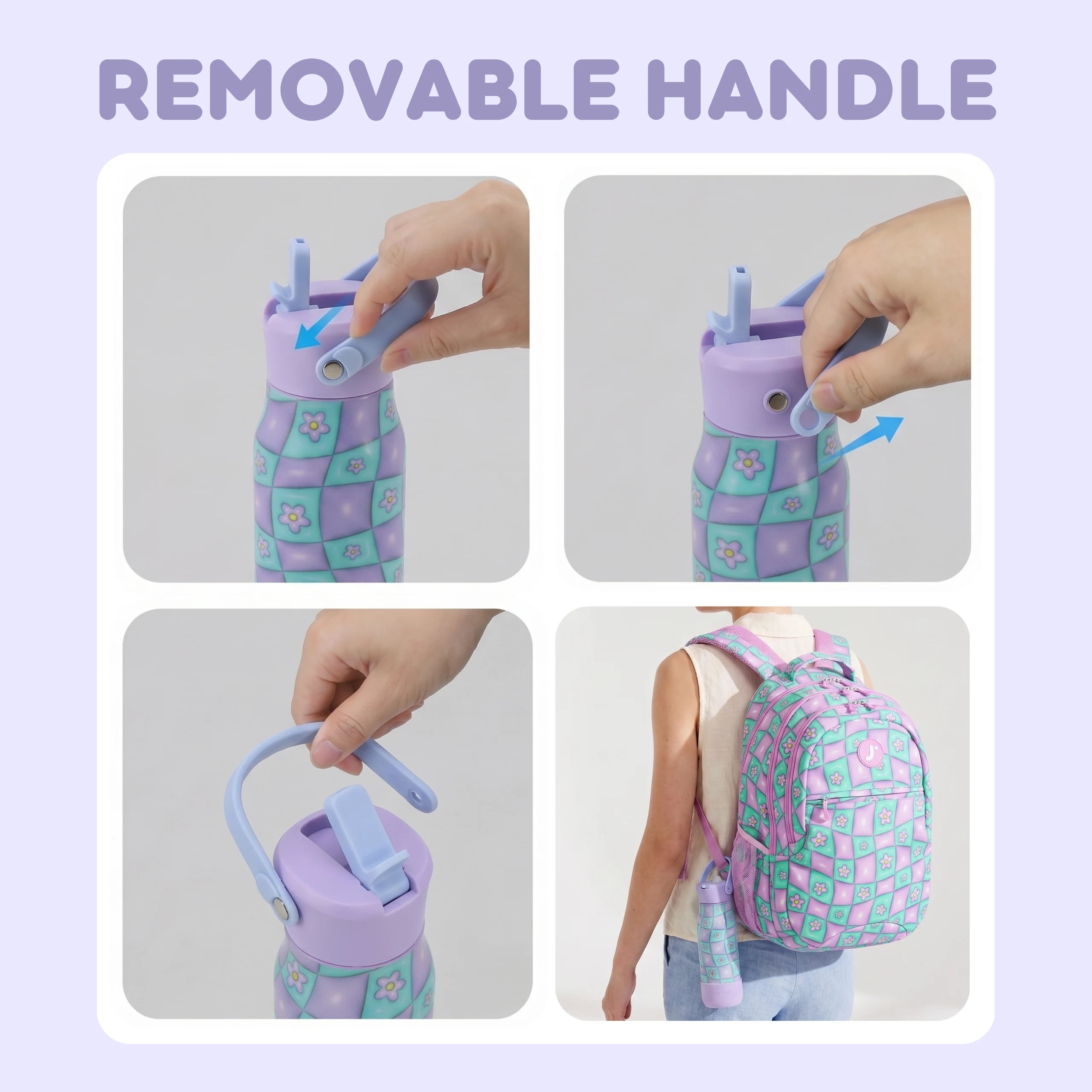 Collage showing a purple water bottle with a removable handle, being attached and used as a backpack.