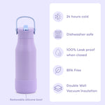 A light purple insulated water bottle with a matching handle and removable silicone boot, shown on a pale lavender background with feature callouts on the right.