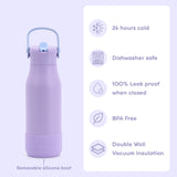 A light purple insulated water bottle with a matching handle and removable silicone boot, shown on a pale lavender background with feature callouts on the right.