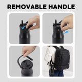 Step-by-step demonstration of a black water bottle with a removable handle, including close-ups and a backpack.