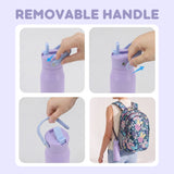 Collage showing a purple water bottle with a removable handle, being attached and used on a backpack.