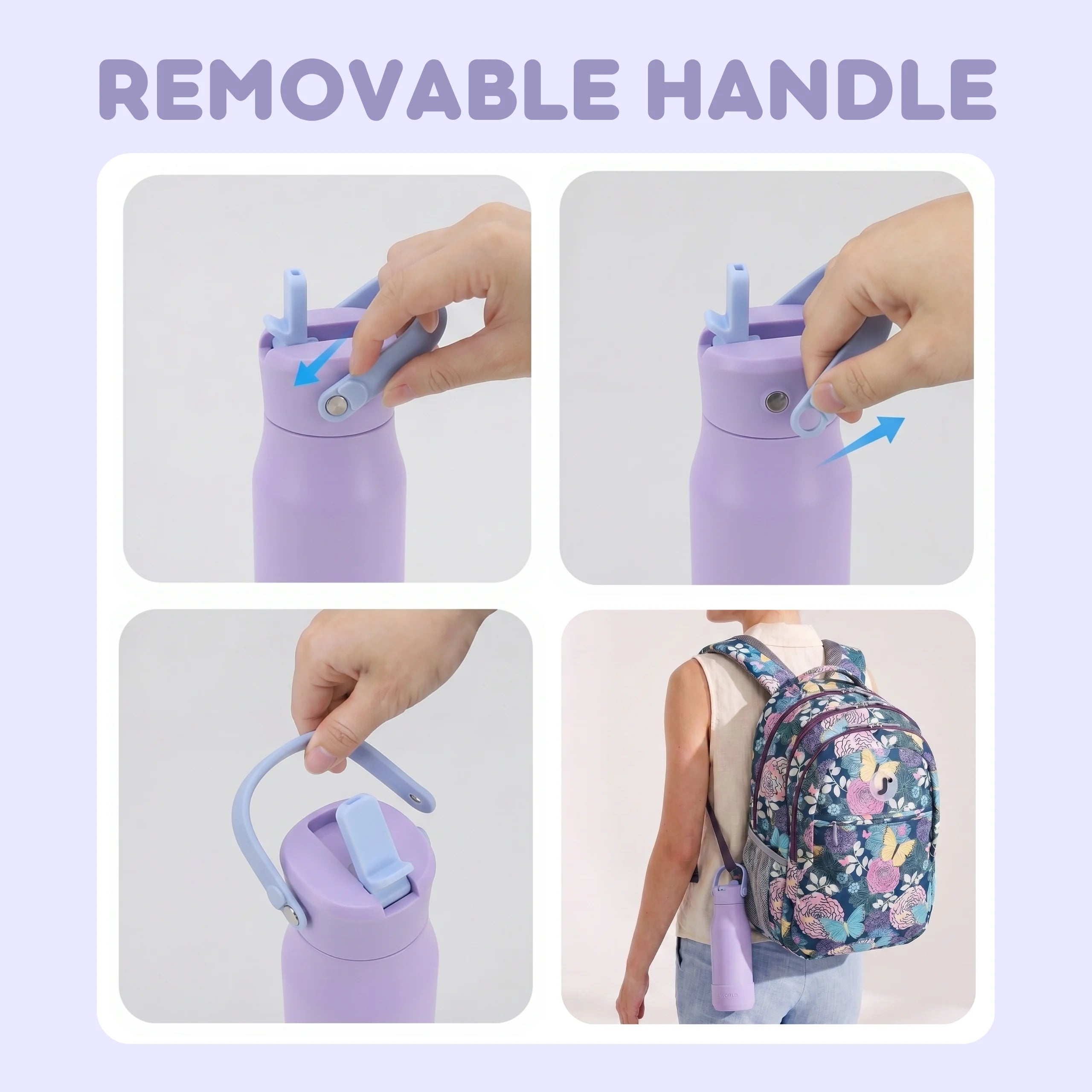 Collage showing a purple water bottle with a removable handle, being attached and used on a backpack.