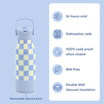 A reusable insulated bottle with a pale blue and pale yellow checkered pattern, shown on a light blue background with feature callouts on the right and a note about a removable silicone boot below.