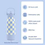 A reusable insulated bottle with a pale blue and pale yellow checkered pattern, shown on a light blue background with feature callouts on the right and a note about a removable silicone boot below.