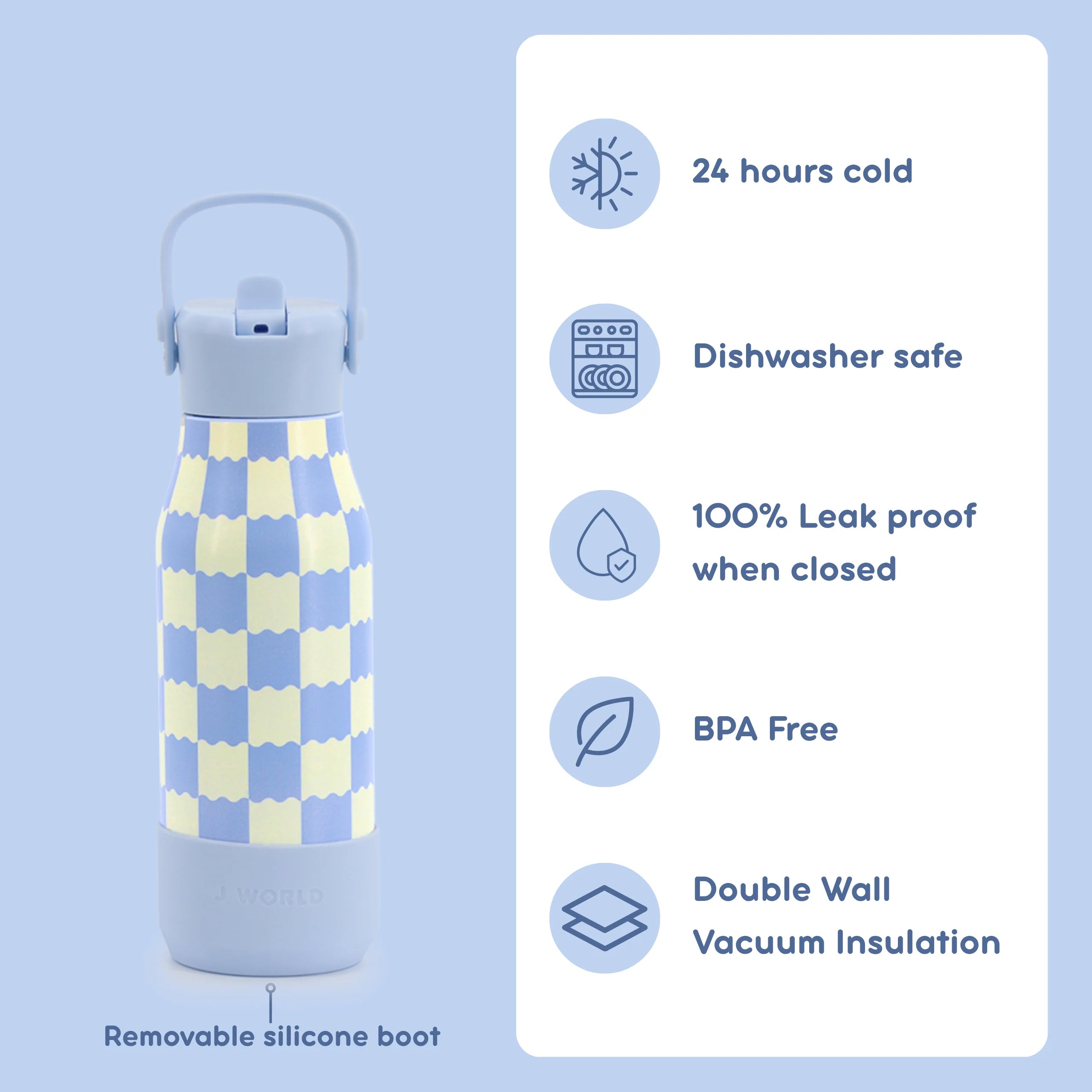 A reusable insulated bottle with a pale blue and pale yellow checkered pattern, shown on a light blue background with feature callouts on the right and a note about a removable silicone boot below.