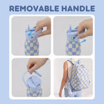A four-panel product demonstration showing a reusable bottle with a removable light blue handle and a matching patterned bottle bag, with text reading 'REMOVABLE HANDLE' on a pale blue background.