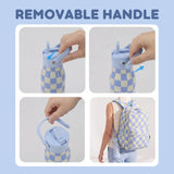A four-panel product demonstration showing a reusable bottle with a removable light blue handle and a matching patterned bottle bag, with text reading 'REMOVABLE HANDLE' on a pale blue background.