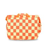 A rectangular messenger bag with a vibrant orange and pale yellow wavy-checkered pattern, featuring top carry handles and a side shoulder strap, set against a plain white background.