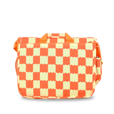 A rectangular messenger bag with a vibrant orange and pale yellow wavy-checkered pattern, featuring top carry handles and a side shoulder strap, set against a plain white background.