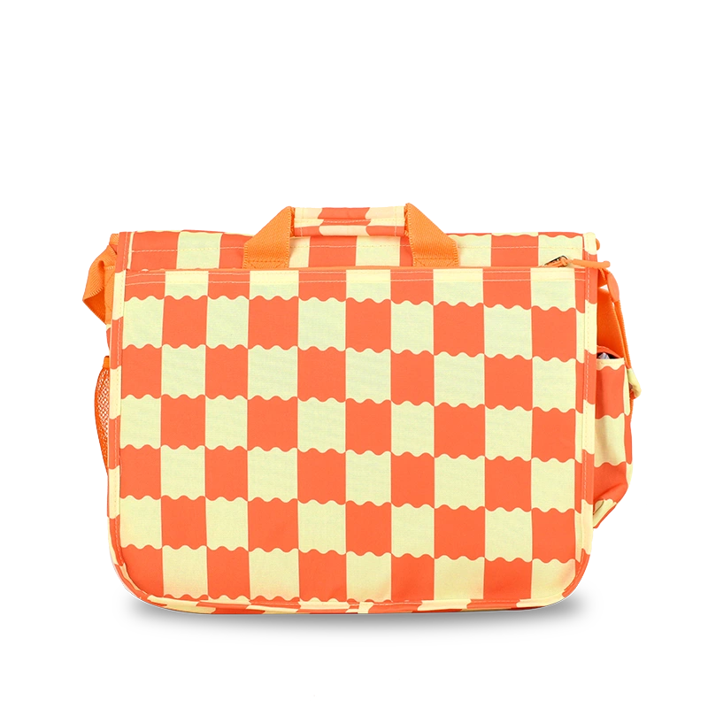 A rectangular messenger bag with a vibrant orange and pale yellow wavy-checkered pattern, featuring top carry handles and a side shoulder strap, set against a plain white background.